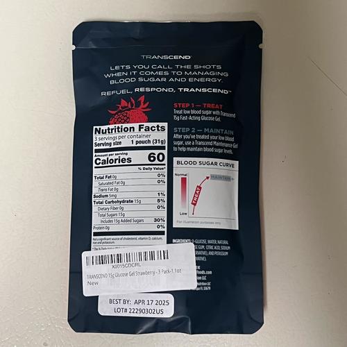 Transcend 15g Glucose Gel - Strawberry 1 pack of 3 squeeze packs